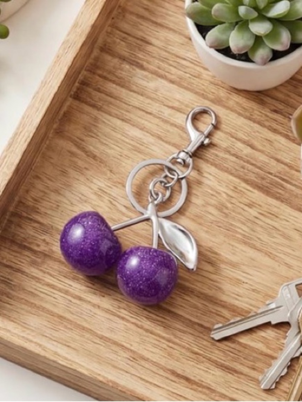 Purple Glitter Cherry Keychain - Picture 2 of 3